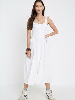 UO Positano White Linen Tie-Shoulder Midi Dress